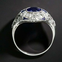 Art Deco Vintage Blue Sapphire & Lab Created Diamond 14K White Gold Plated Ring