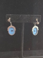 ✨ VTG Art Deco Blue Molded Glass Screwback Dangle Earrings Marcasite Style