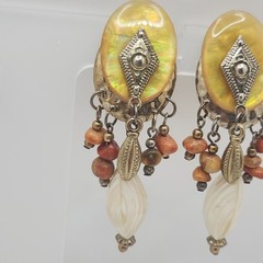 Vintage Boho Mother of Pearl Stone Beaded Dangle Clip On Earrings Yellow Tribal