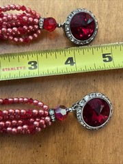 Vintage Super Long Dangle Drop Red Crystal Rivoli Pink Pearl Clip On Earrings