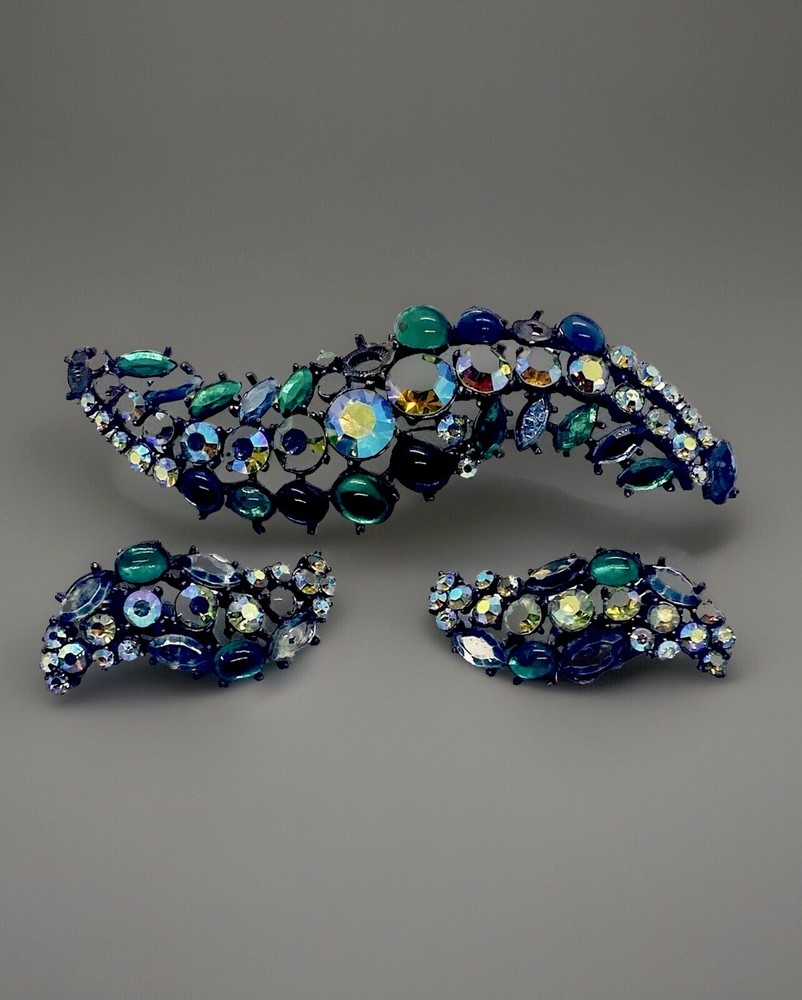 Rare Signed ART Arthur Pepper Blue Green Ravoli AB Cabochon Brooch Earrings Set