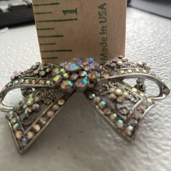 Vintage Silver Tone Filigree Bow Brooch AB Rhinestone Cluster Costume Jewelry