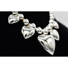 Vintage Heart Charm Necklace Puffy Silver Beaded Chain Chunky Shiny NOS 80s A27