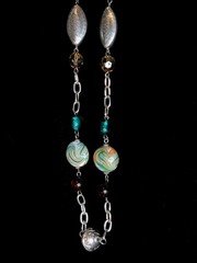 Vintage Silver Tone Etched, Brown And Teal Swirl Coin Art Glass & Plastic Beads