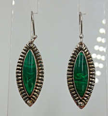 925 ATI Mexico Malachite Earrings 1.75in Drop Sterling Silver 6g Marquise Bezel