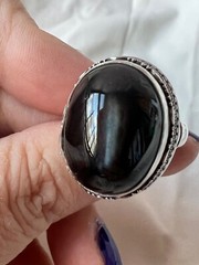 VINTAGE HUGE BLACK STAR CATS EYE MOONSTONE ? CABOCHON 925 STERLING SILVER RING