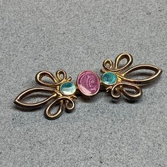 Victorian Brooch Pin 3.5 In Purple Teal Enamel Gold Swirls Detail Retro Vintage
