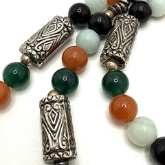 Vintage Chinese Lotus Pendant Necklace Semi Precious Stone Bead Amulet Statement