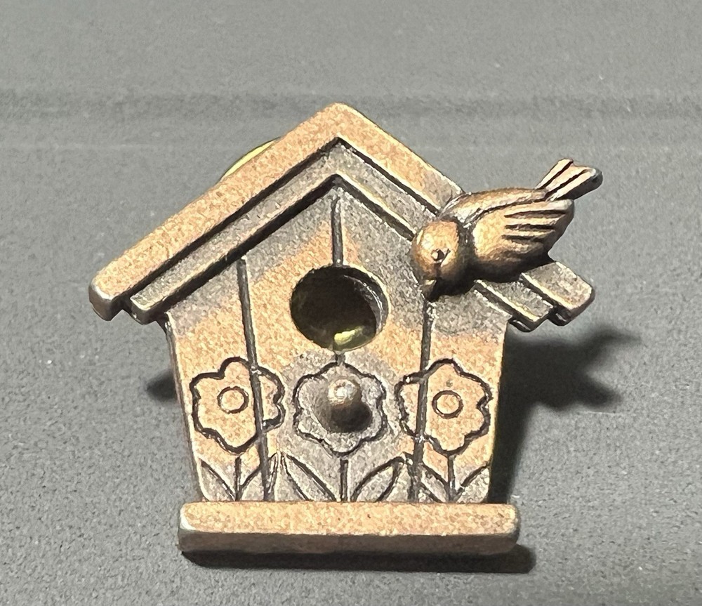 JJ Jonette Pewter Bird House Pin Brooch Antiqued Bronze Color 7/8 inch