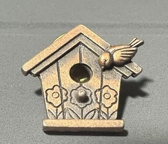 JJ Jonette Pewter Bird House Pin Brooch Antiqued Bronze Color 7/8 inch