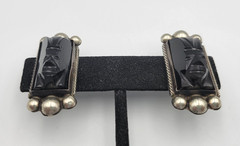 Vtg Mexico Silver Carved Onyx Tribal Mask Earrings Screw Back 1.25″