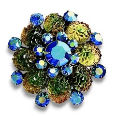 Vintage Unsigned Judy Lee Molded Lava Glass Peacock AB Rhinestone Flower Brooch