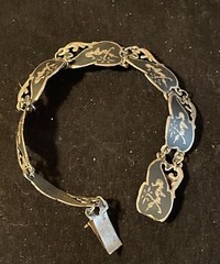 Antique Siam Sterling Silver 925 Panel Bracelet. Niello Dancer. Thailand