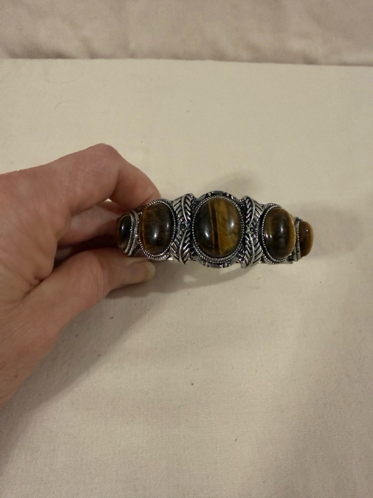 Vintage Tigers Eye And Silver Tone Bracelet Cuff