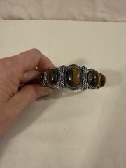 Vintage Tigers Eye And Silver Tone Bracelet Cuff