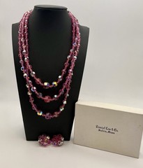 Vintage Pink Aurora Borealis Crystal Bead 3 Strand Necklace Clip Earrings Set