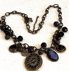 Vtg. Victorian Style Necklace Star Pendant Cameo Charms Black Glass Beads Brass