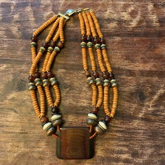 Vintage Tibetan tribal-style necklace. Fruitwood Golden Horn Bone. 21″