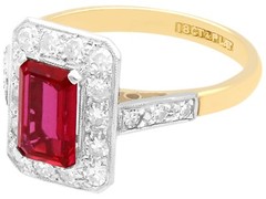 Antique Synthetic Ruby and 0.78 Ct Diamond, 18k Yellow Gold Dress Ring