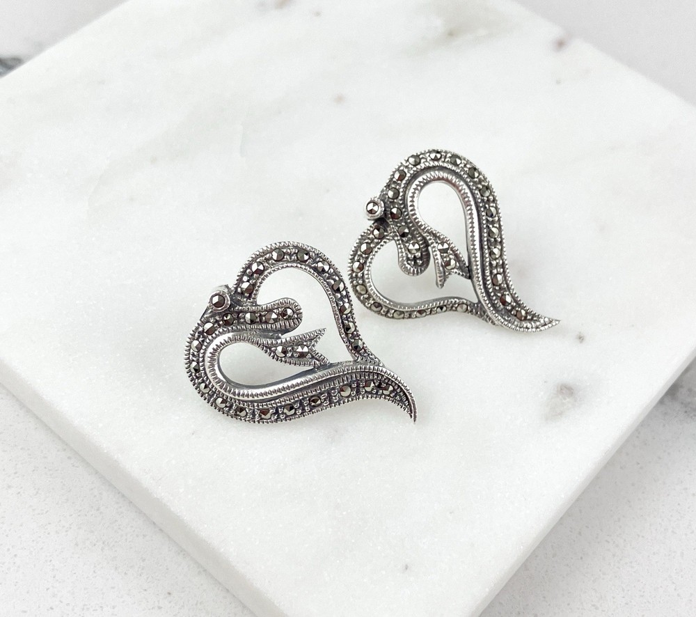 Vintage 925 Sterling Silver Deco Marcasite Heart Stud Earrings
