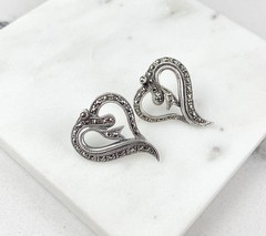 Vintage 925 Sterling Silver Deco Marcasite Heart Stud Earrings