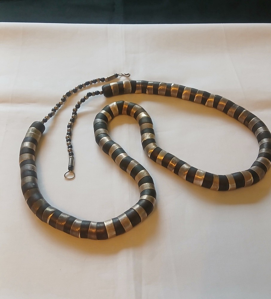 Vintage Silver-Tone and Black Bead Twisty Snake Necklace. 1970s. Statement