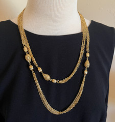 Vintage Long Gold Tone Multi Strand Chain Necklace Filigree Textured Balls 51″