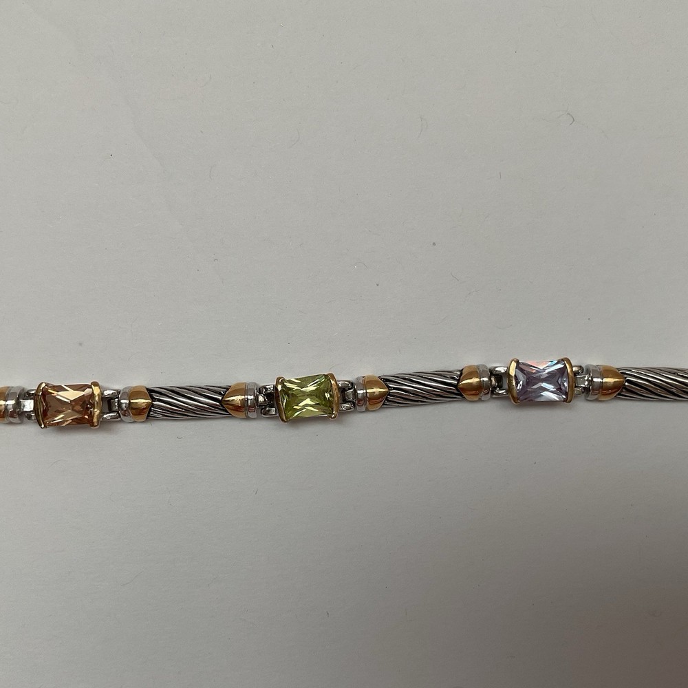 Vintage Silver & Gold Tone Multi Color Glass 7” Link Bracelet w/ Boxed Clasp