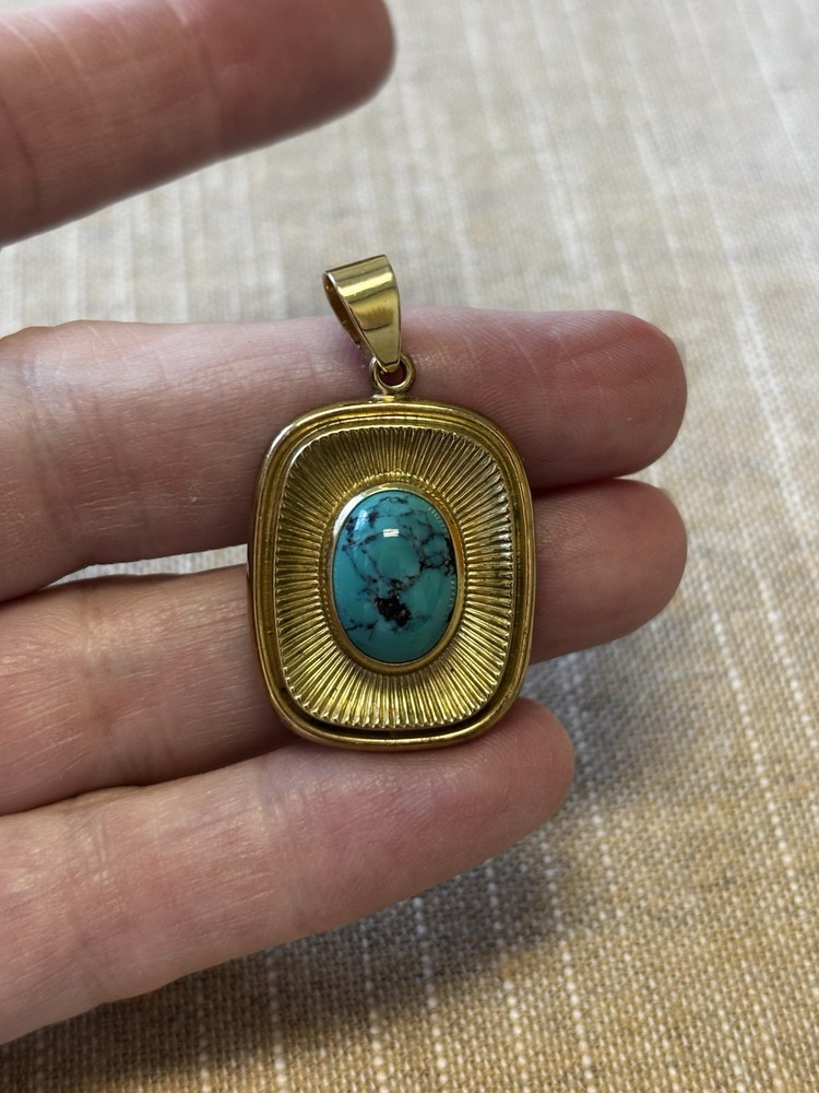 Vintage Gold Plated Pendant with Natural Turquoise 1.5” Long Great Look