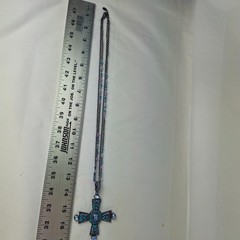 Vintage Silver/Black Tone & Blue Rhinestone Cross Pendant Chain Necklace 17″ 51g