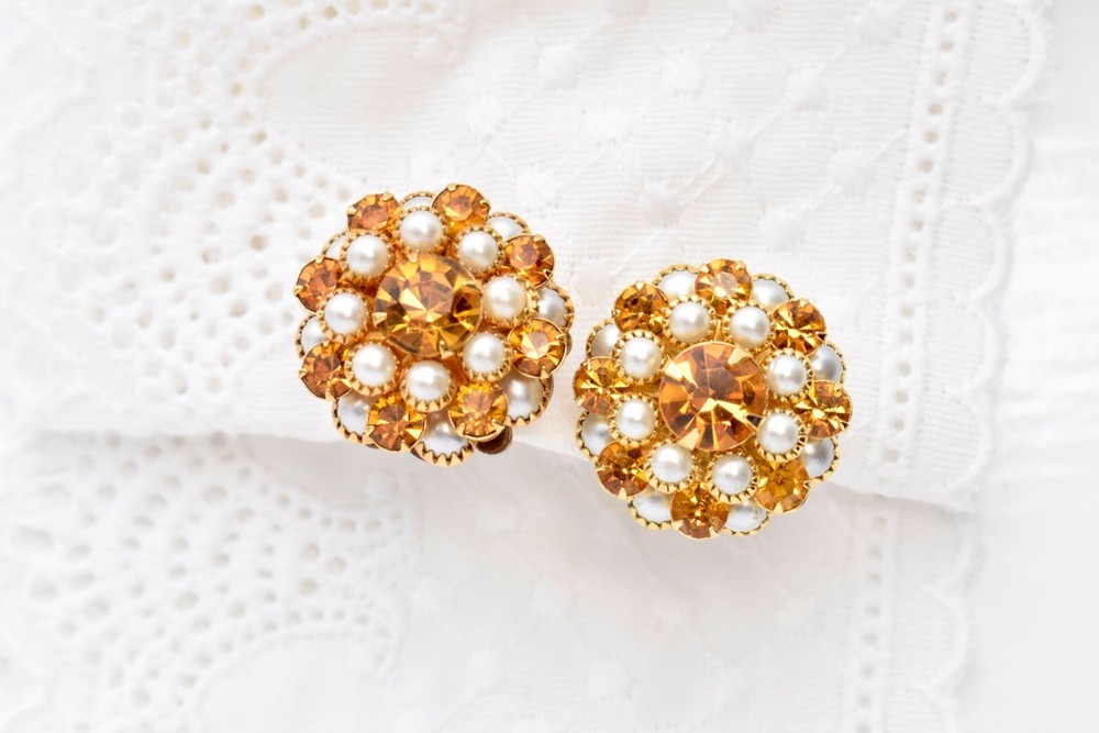 Vintage HOBE Citrine Orange Rhinestone Pearl Cluster Dome Screw Back Earrings