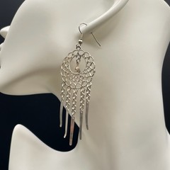 Vintage Silver-Tone Spike Tassel Dolphin Dangle Chandelier French Wire Earrings