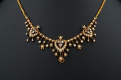 Antique 18K Gold Diamond Seed Pearl Garland Necklace Late Victorian 14.5″ NG1888