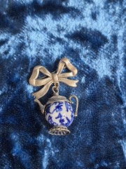 Vintage Silver Brooch Tea Pot Blue White Bow Jewlery