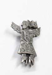 Vintage Silver Tone Winged Angel Fairy Holding Heart Brooch Pin 2.25″ Celestial