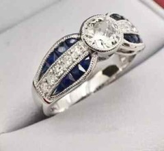 Art Deco Style Lab Created Diamond & Sapphire Engagement Ring 14K White Gold FN
