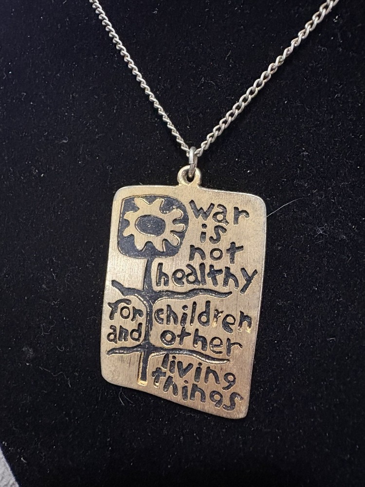 1968 Another Mother for Peace Gold Tone, War Is Not Healthy Anti War 28” #5804