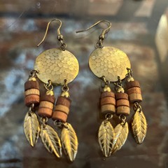 Vintage Dangle Drop Earrings Metal & Wood Beads Feather Boho Gold And Brown