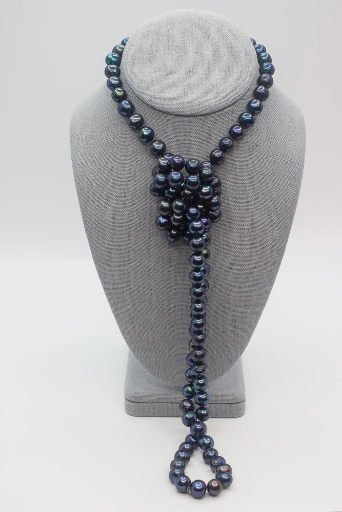 44″ 10mm Black Potato Pearl Necklace Blue Green Long Rope Handknotted
