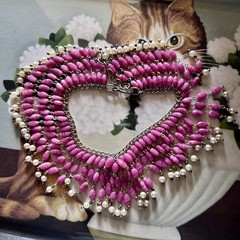 Vintage Pink Art Glass Faux Pearl Fringe Bib Statement Necklace Dramatic Runway