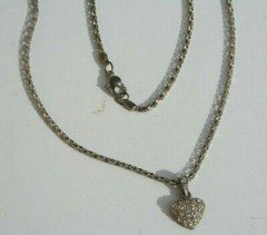 vtg Pave Crystal Necklace Heart Rhinestone Pendant Silver Tone Chain 18″
