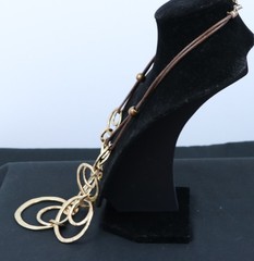 Long Gold Tone Circle Link Necklace Hammered Rings Brown Cord