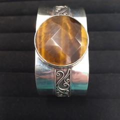 Sterling Indonesia 925 Bangle Wide Cuff with Round Faceted Tiger Eye Stone
