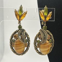 W Germany Brown Porphyry Slag Art Glass And Rhinestone Necklace & Earrings Set