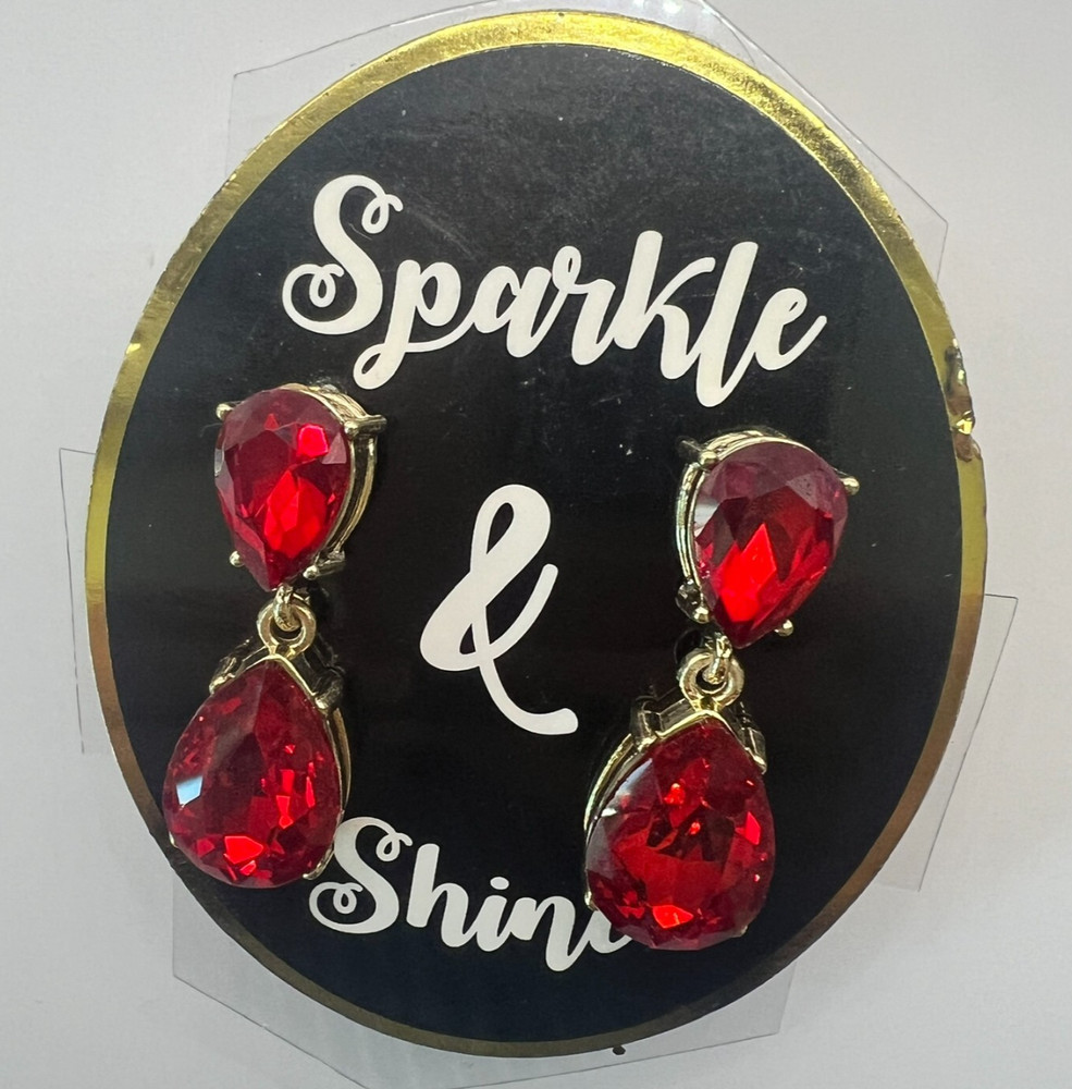 Vintage Red Rhinestone Teardrop Dangle Earrings 1.5″ NOS Gold Drop Post Bold New
