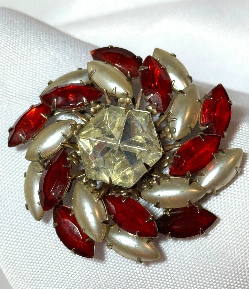 Vintage Pearl like marquise and Ruby Red Rhinestone Swirl Brooch Pin