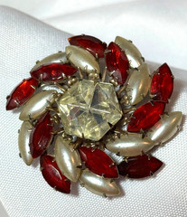 Vintage Pearl like marquise and Ruby Red Rhinestone Swirl Brooch Pin