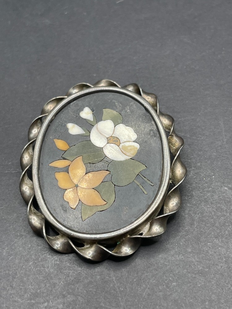Antique Sterling Pietra Dura Pin/Brooch Mosiac Floral