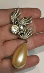 Vintage LES BERNARD Rhinestone Faux Pearl Drop Dangle Clip On Earrings 1960s