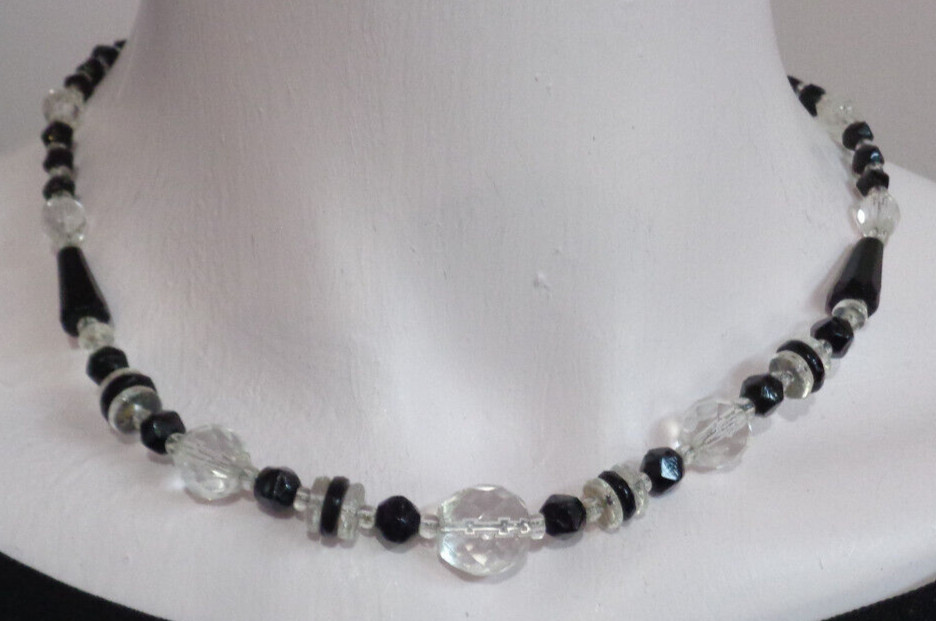 Antique Art Deco Glass Bead Necklace Black & Clear 17″ Re-Strung